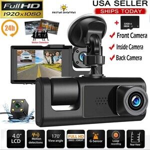 Dual Lens Dash Cam Front/Rear/Inside Video Recorder Camera G-sensor & 32gb SSD
